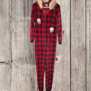 Secret Treasures Red Buffalo Plaid Fuzzy Hooded One Piece Pajamas